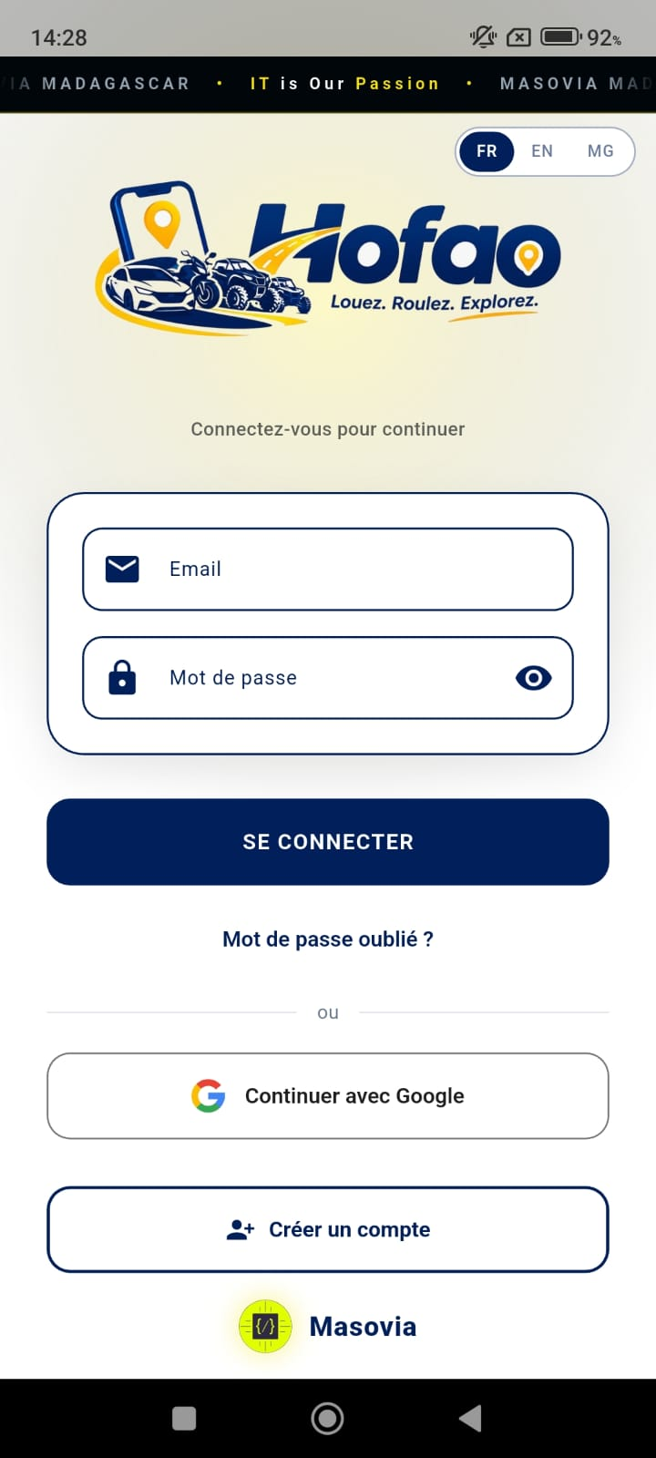Écran de connexion de l'application HOFAO